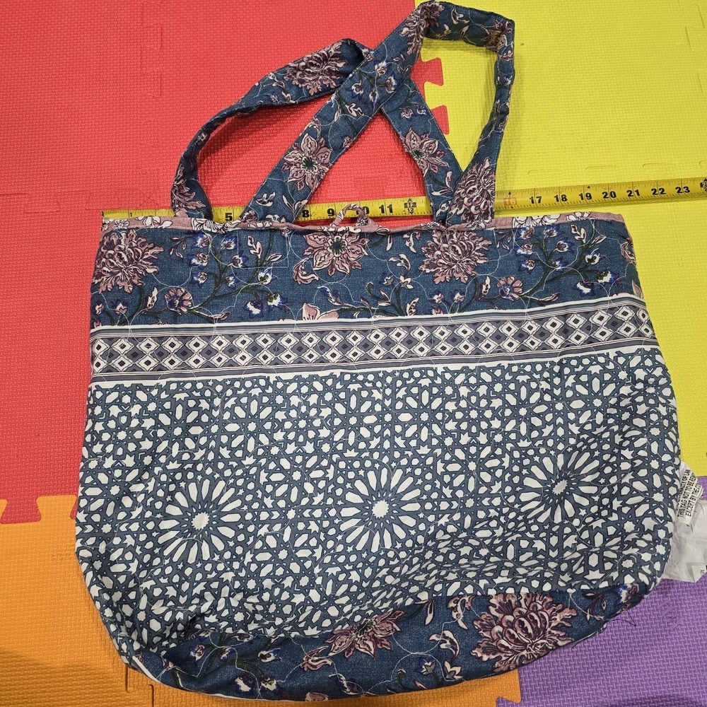 MaryJane's Farm "Botanical Tiles" Quilted Tote Bag Blue Floral Geometric Cotton